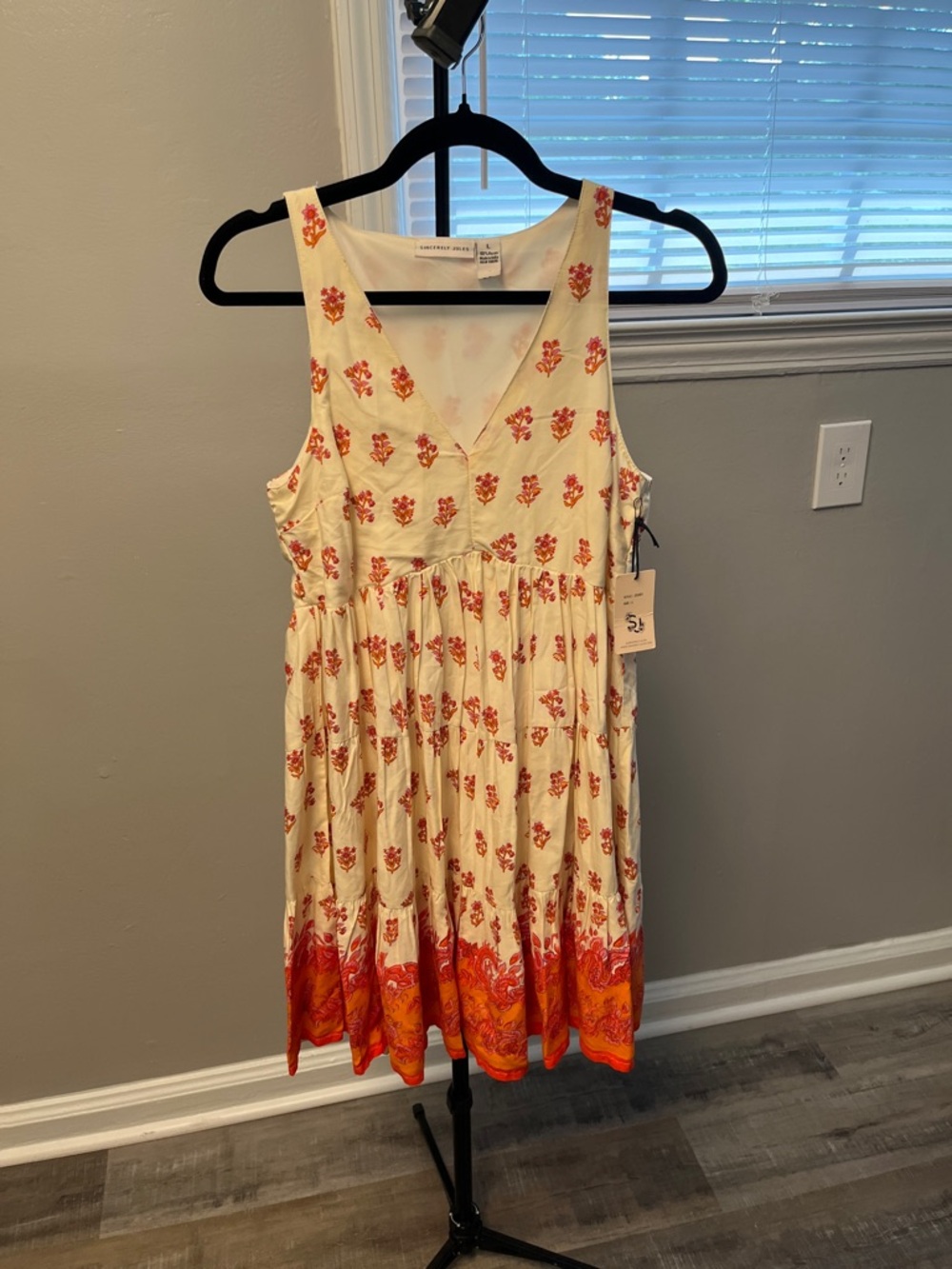Sincerely Jules Summer Cream Midi Dress with Red-Orange Floral Border